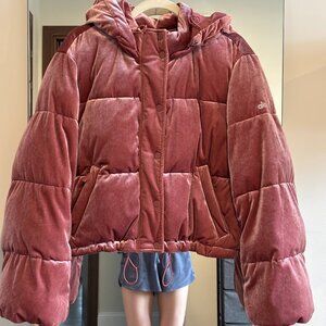 Alo Yoga Velvet Velour Cropped Puffer Jacket Coat Rosewood Pink